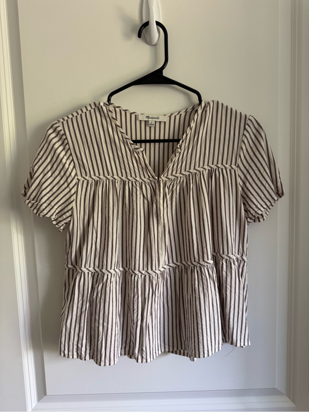Madewell Cream and Plum Striped Short Sleeve Peplum Top
